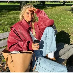 Advbridge Women Zipper Leather Bomber Jackets Coats Oversized Contrast Stitch Lapel Long Sleeve Jacket Motorcycle 2024 Autumn Outwear Tops