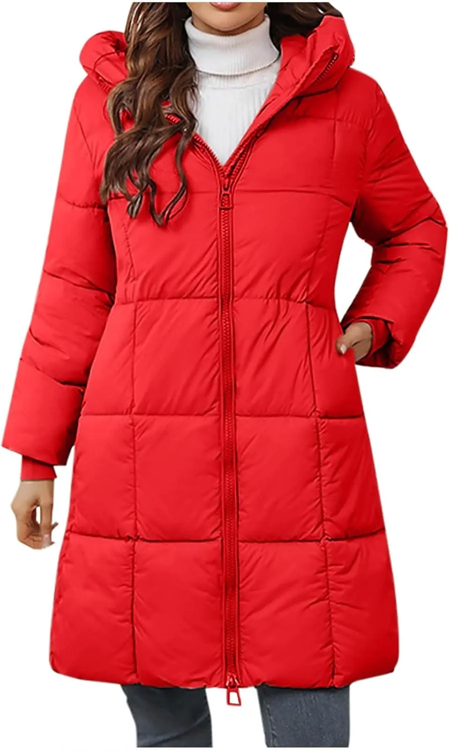 Akklian Women's Winter Warm Lightweight Long Down Coat Quilted Puffer Jacket Coat Zip Up Thicken Padded Outerwear with Hood