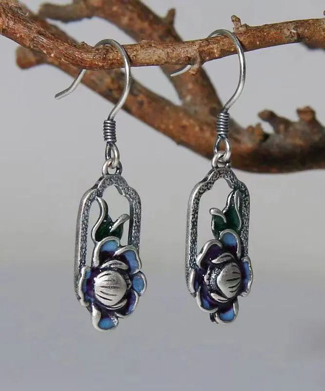 Art Blue Lotus Patchwork Silver Drop Earrings LY9178