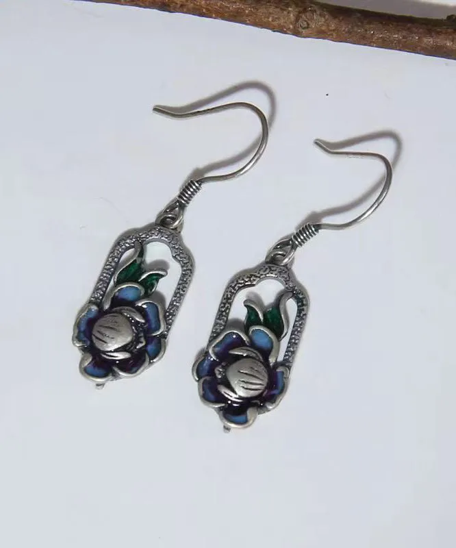 Art Blue Lotus Patchwork Silver Drop Earrings LY9178