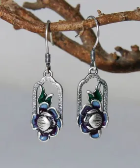 Art Blue Lotus Patchwork Silver Drop Earrings LY9178