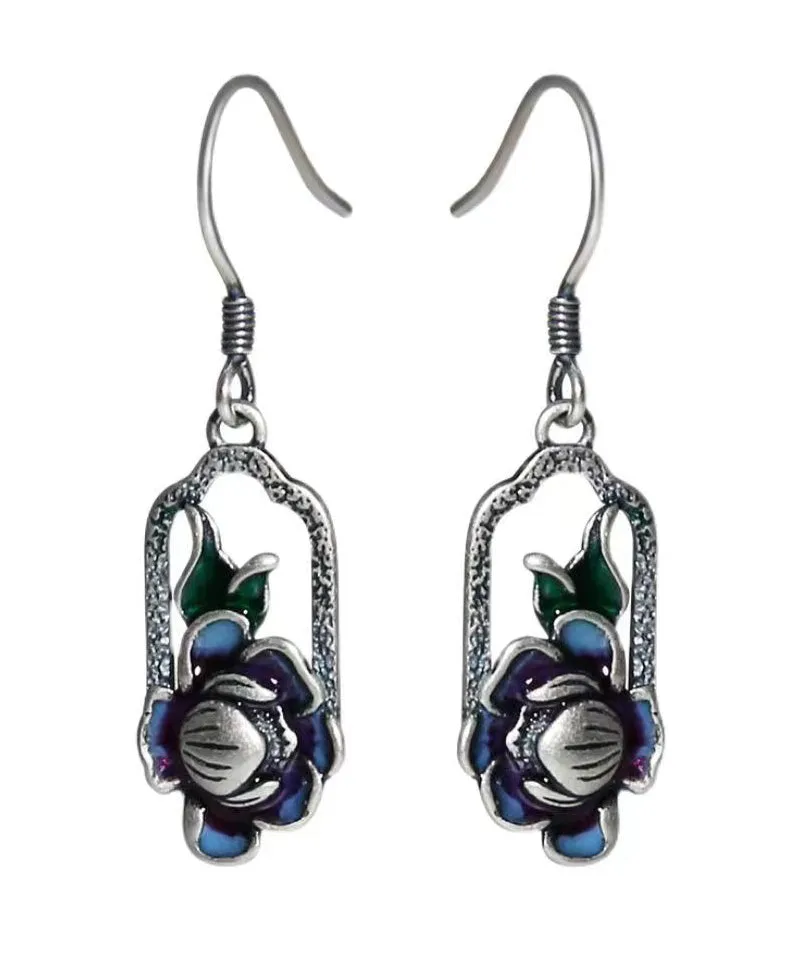 Art Blue Lotus Patchwork Silver Drop Earrings LY9178