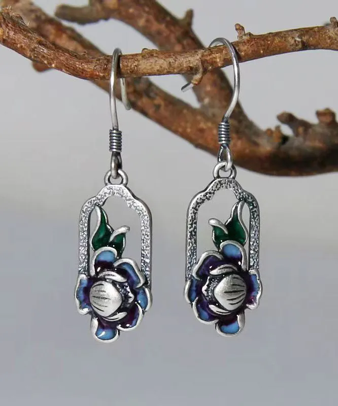 Art Blue Lotus Patchwork Silver Drop Earrings LY9178