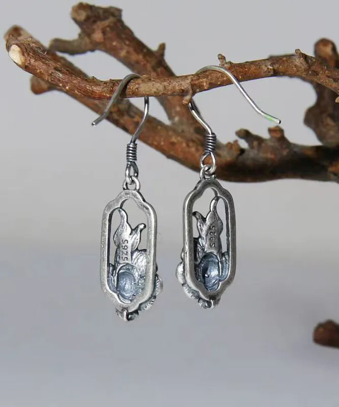 Art Blue Lotus Patchwork Silver Drop Earrings LY9178