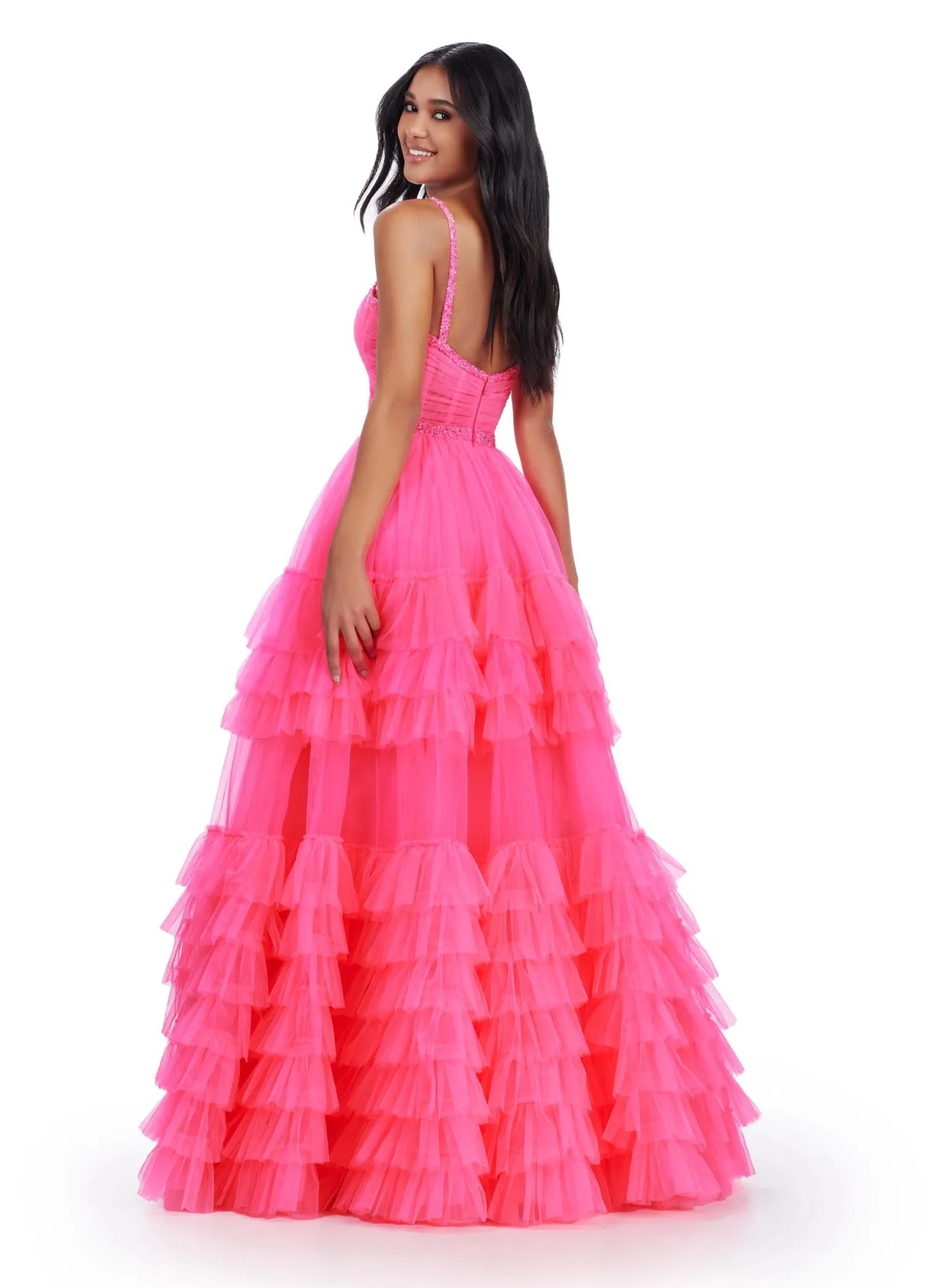 Ashley Lauren 11603 Long Tulle Ruffle Layer Ballgown Prom Dress Beaded Corset Pageant Gown