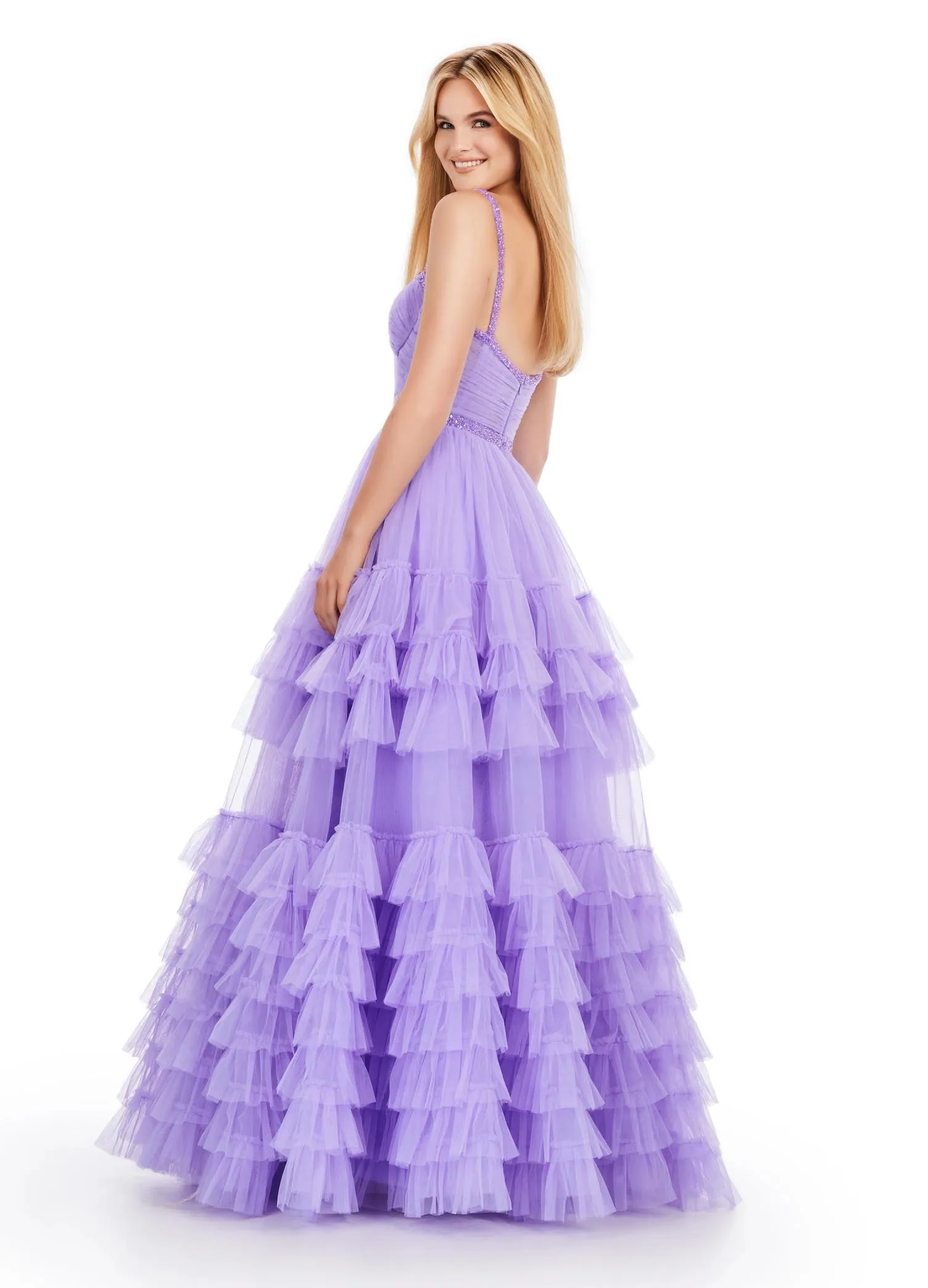 Ashley Lauren 11603 Long Tulle Ruffle Layer Ballgown Prom Dress Beaded Corset Pageant Gown