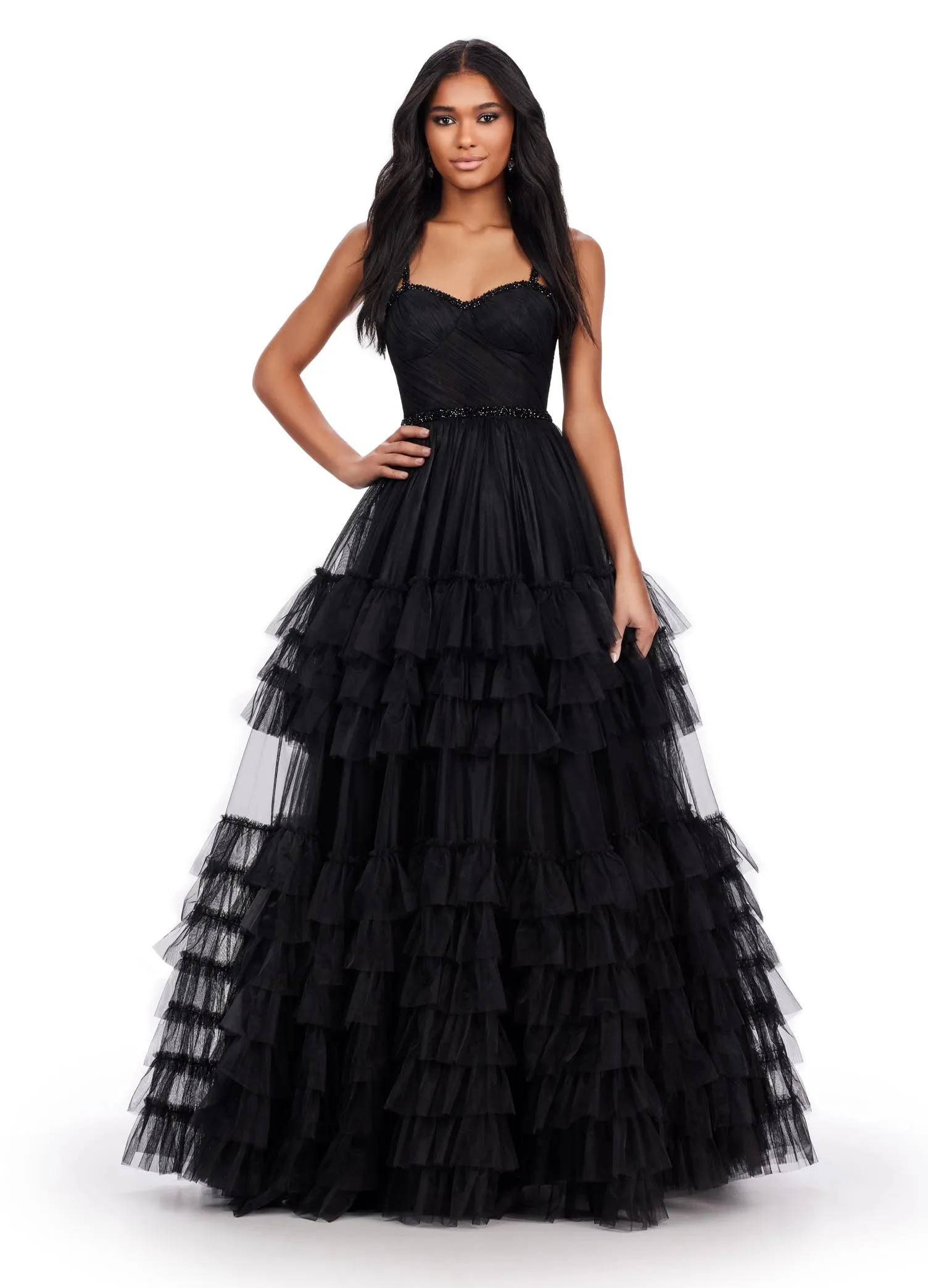 Ashley Lauren 11603 Long Tulle Ruffle Layer Ballgown Prom Dress Beaded Corset Pageant Gown
