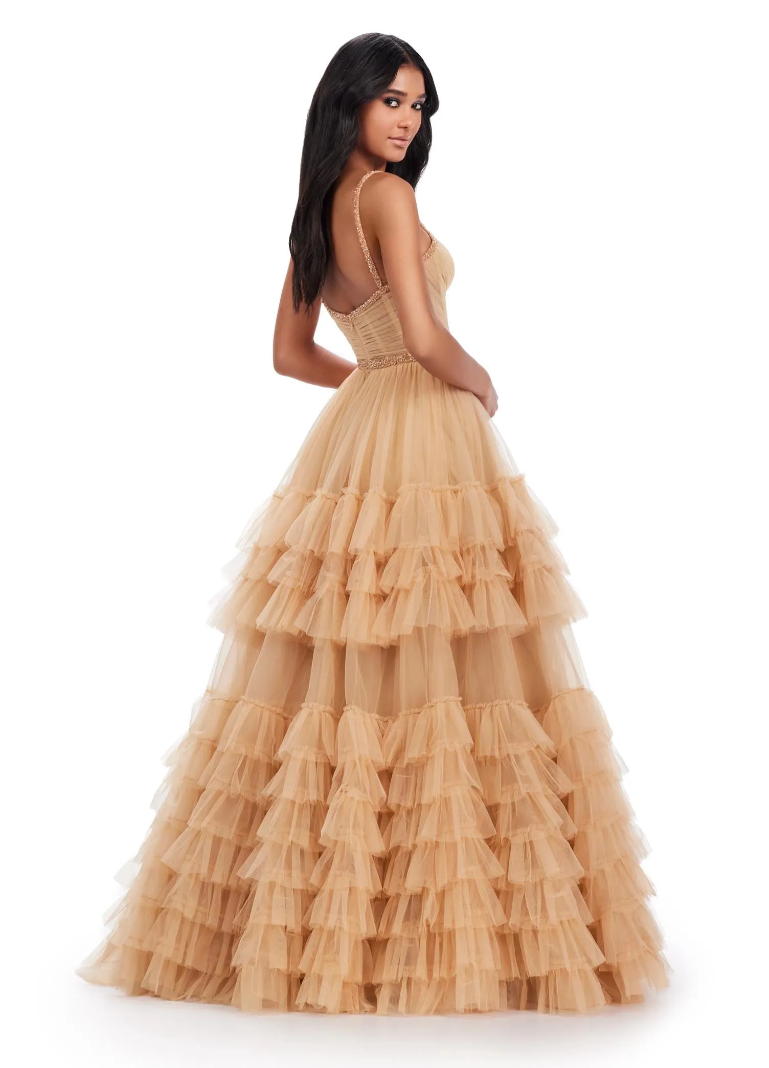 Ashley Lauren 11603 Long Tulle Ruffle Layer Ballgown Prom Dress Beaded Corset Pageant Gown