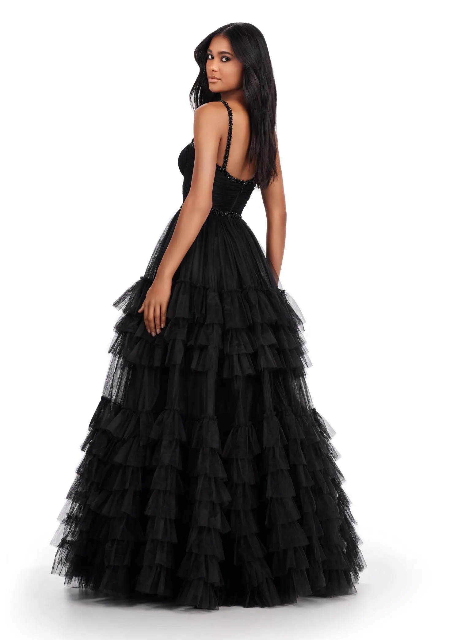 Ashley Lauren 11603 Long Tulle Ruffle Layer Ballgown Prom Dress Beaded Corset Pageant Gown
