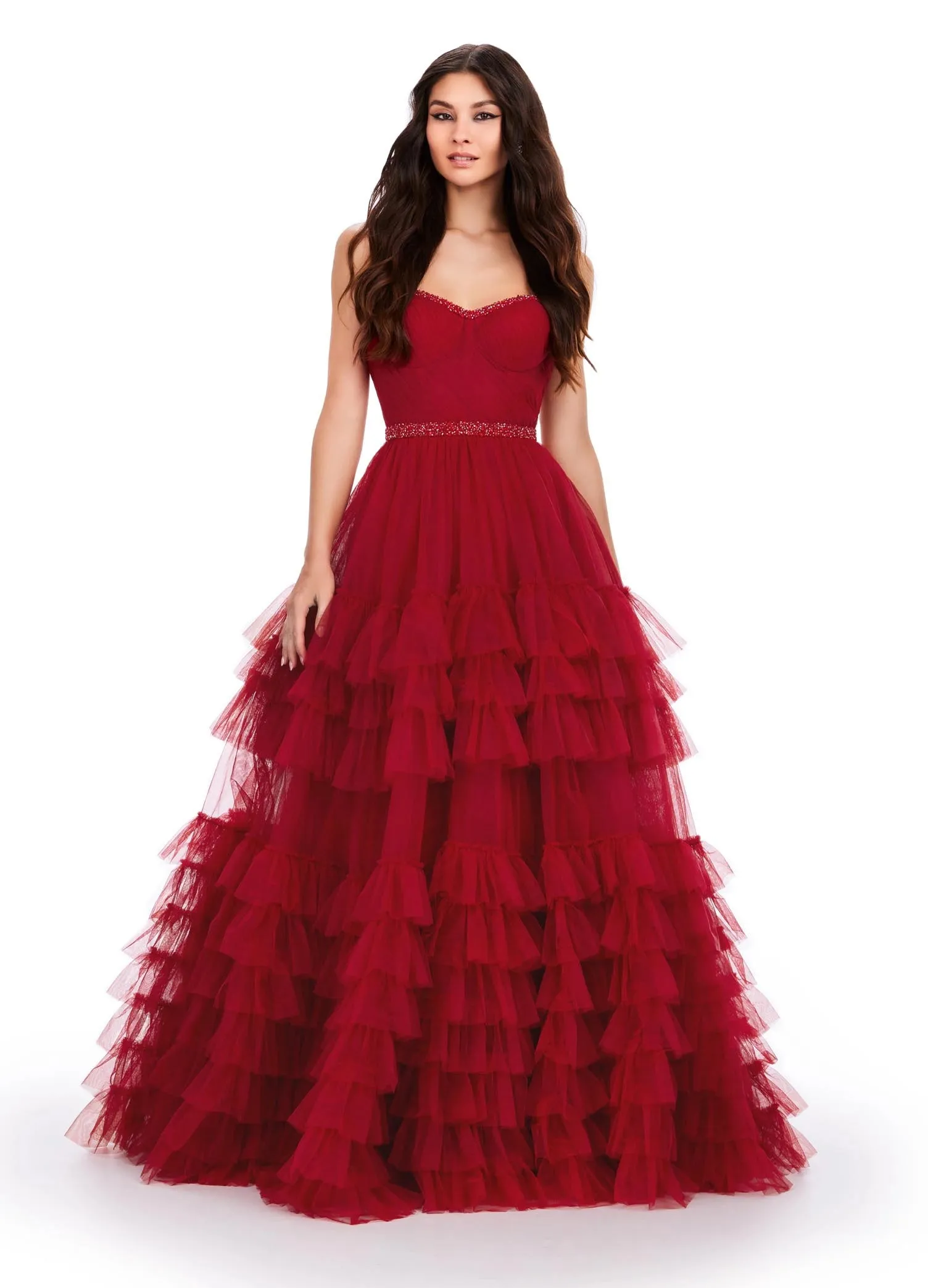 Ashley Lauren 11603 Long Tulle Ruffle Layer Ballgown Prom Dress Beaded Corset Pageant Gown