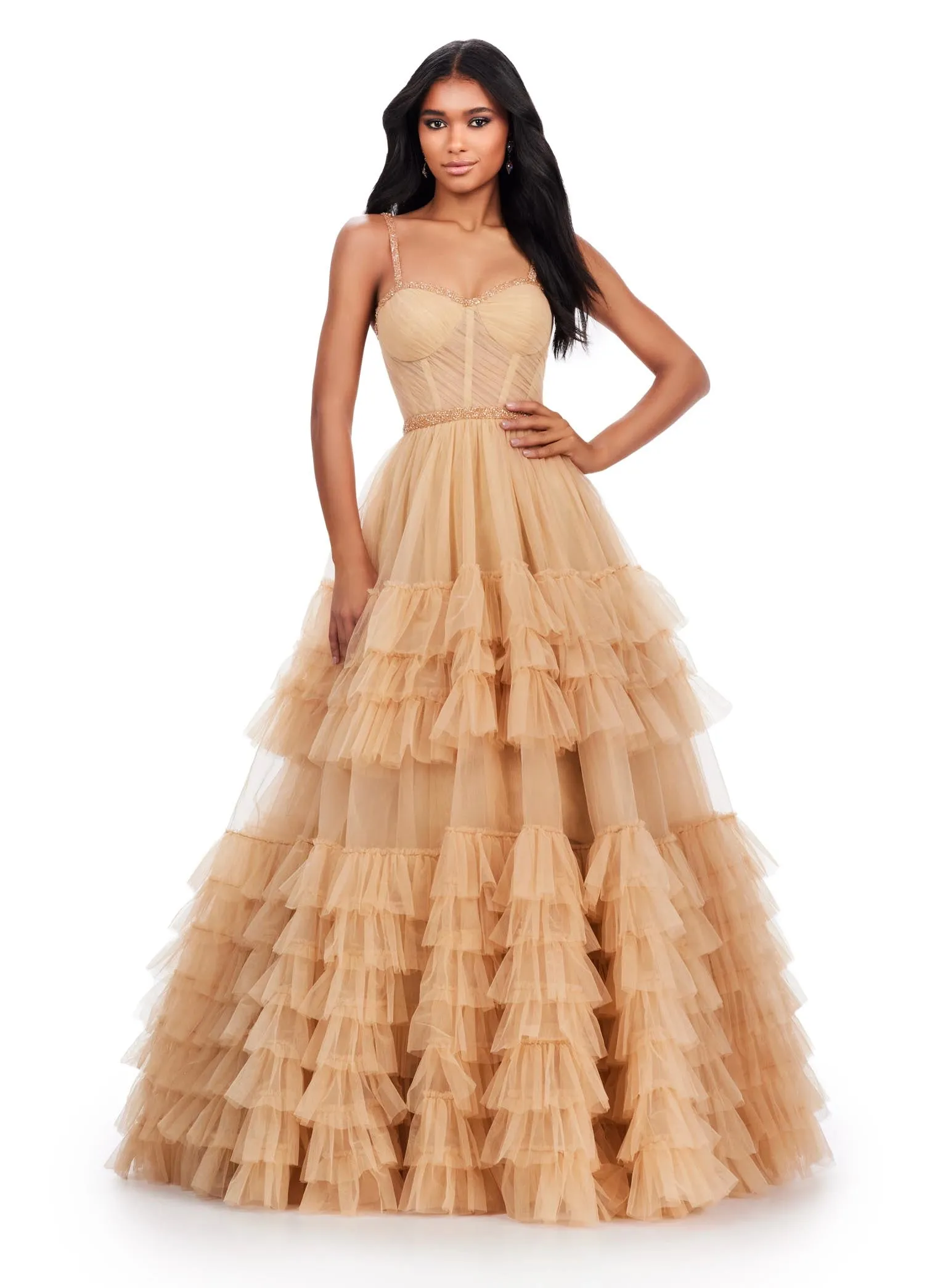 Ashley Lauren 11603 Long Tulle Ruffle Layer Ballgown Prom Dress Beaded Corset Pageant Gown