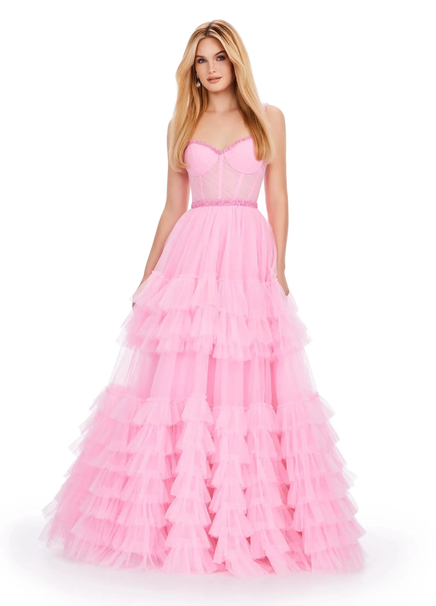Ashley Lauren 11603 Long Tulle Ruffle Layer Ballgown Prom Dress Beaded Corset Pageant Gown