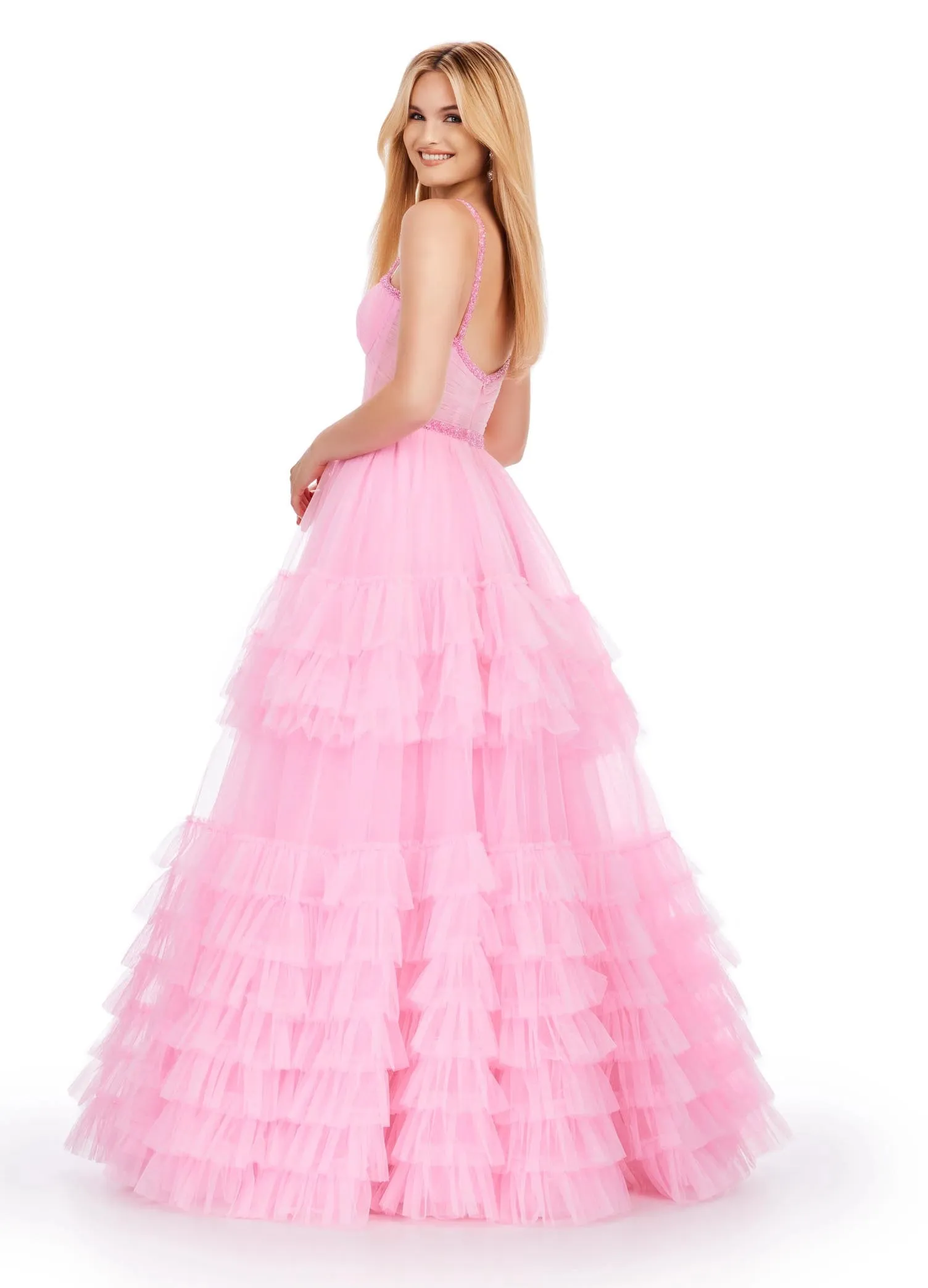 Ashley Lauren 11603 Long Tulle Ruffle Layer Ballgown Prom Dress Beaded Corset Pageant Gown