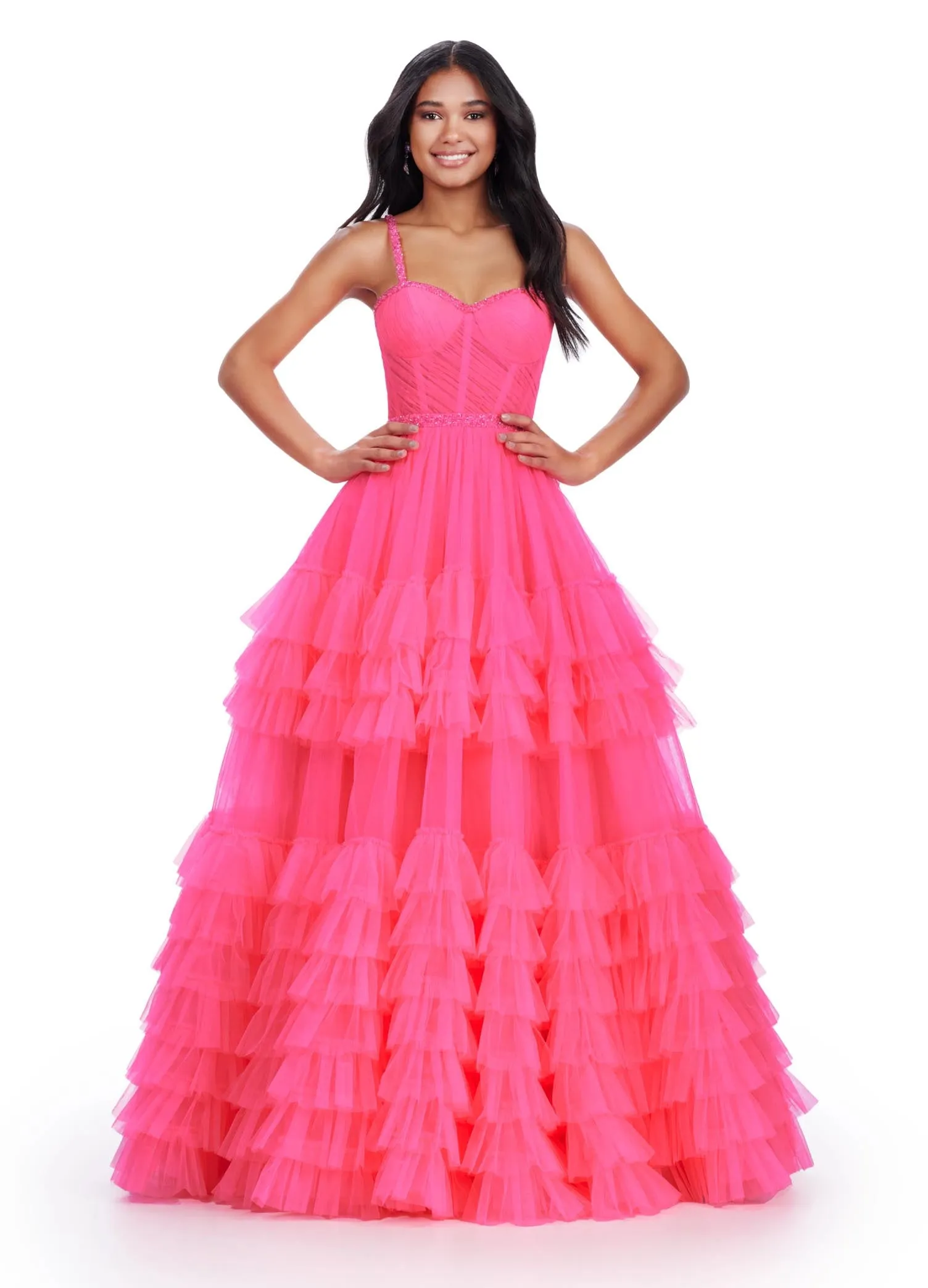 Ashley Lauren 11603 Long Tulle Ruffle Layer Ballgown Prom Dress Beaded Corset Pageant Gown