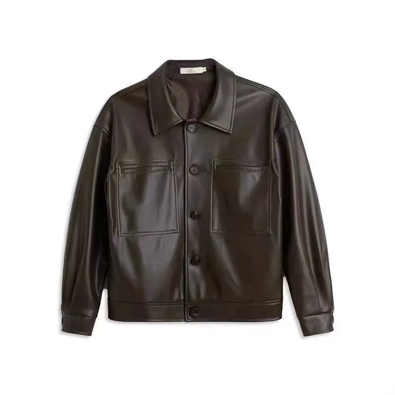 Autumn Retro Lapels Cropped Leather Coat Men's Loose Single-Breasted Long Sleeve Work Clothing Motorcycle Leisure Jacket Tops
