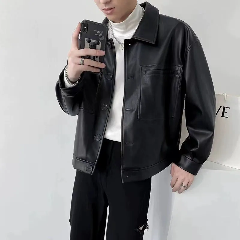 Autumn Retro Lapels Cropped Leather Coat Men's Loose Single-Breasted Long Sleeve Work Clothing Motorcycle Leisure Jacket Tops