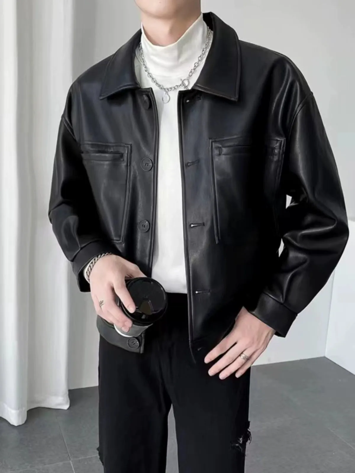Autumn Retro Lapels Cropped Leather Coat Men's Loose Single-Breasted Long Sleeve Work Clothing Motorcycle Leisure Jacket Tops