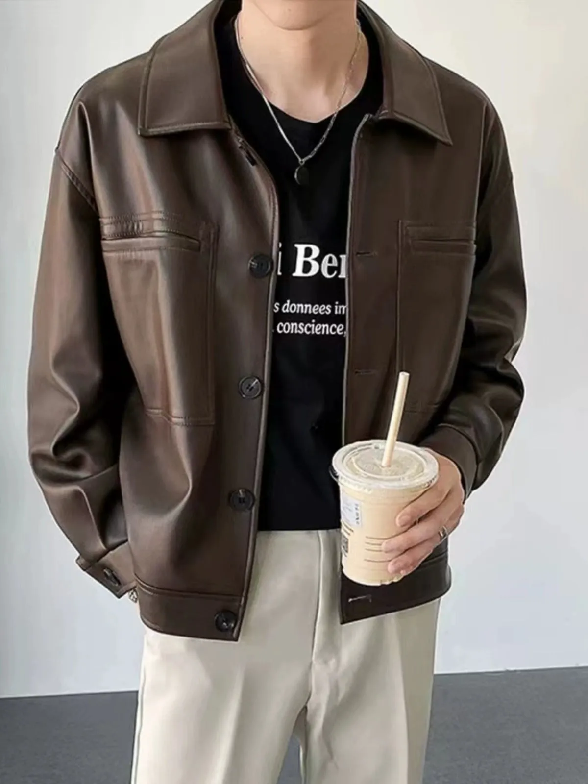 Autumn Retro Lapels Cropped Leather Coat Men's Loose Single-Breasted Long Sleeve Work Clothing Motorcycle Leisure Jacket Tops