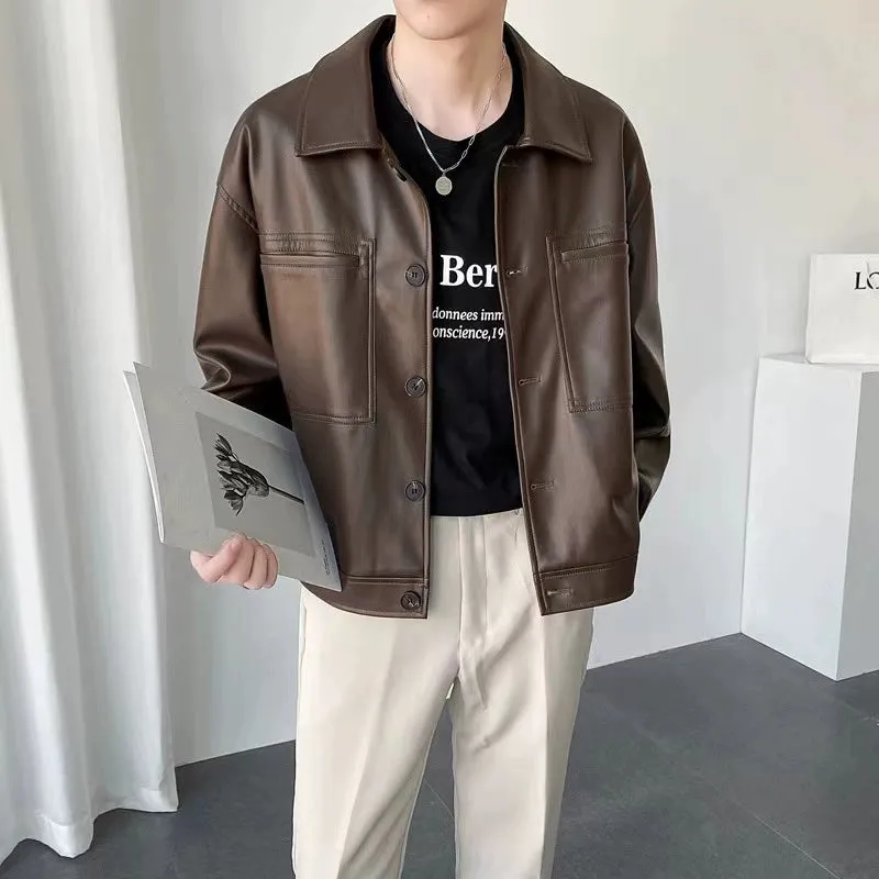 Autumn Retro Lapels Cropped Leather Coat Men's Loose Single-Breasted Long Sleeve Work Clothing Motorcycle Leisure Jacket Tops