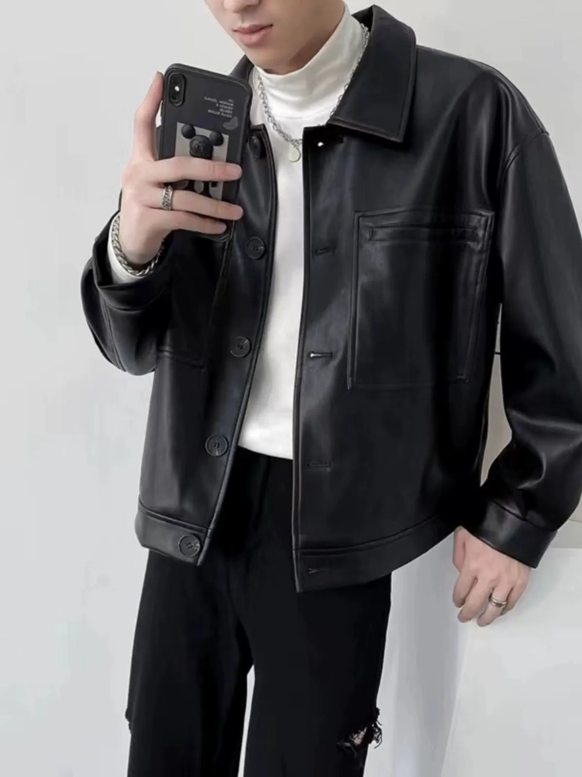 Autumn Retro Lapels Cropped Leather Coat Men's Loose Single-Breasted Long Sleeve Work Clothing Motorcycle Leisure Jacket Tops