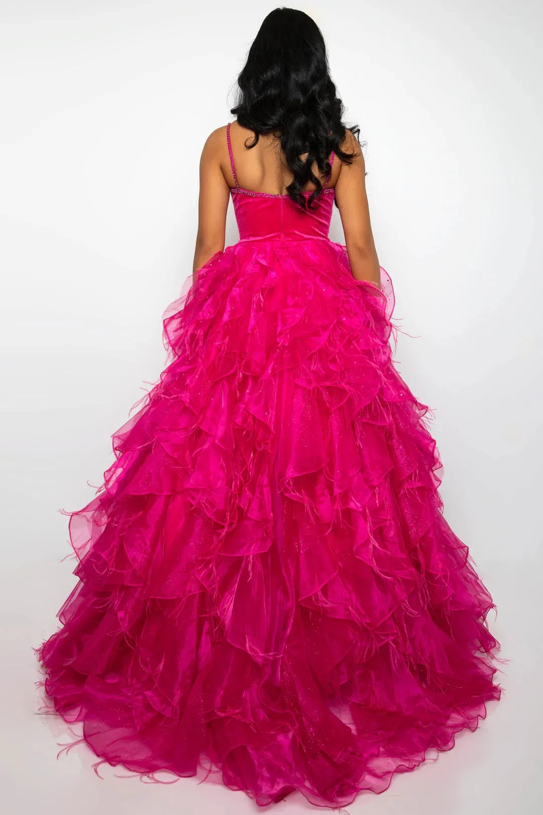 Ava Presley 39554 Size 0,4,8,12 Fuchsia Feather Velvet Dress A Line Ruffle Ballgown V Neck Formal Pageant Prom