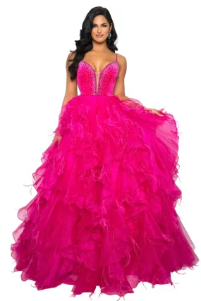 Ava Presley 39554 Size 0,4,8,12 Fuchsia Feather Velvet Dress A Line Ruffle Ballgown V Neck Formal Pageant Prom