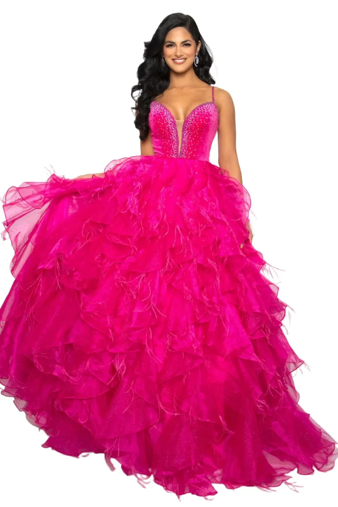 Ava Presley 39554 Size 0,4,8,12 Fuchsia Feather Velvet Dress A Line Ruffle Ballgown V Neck Formal Pageant Prom
