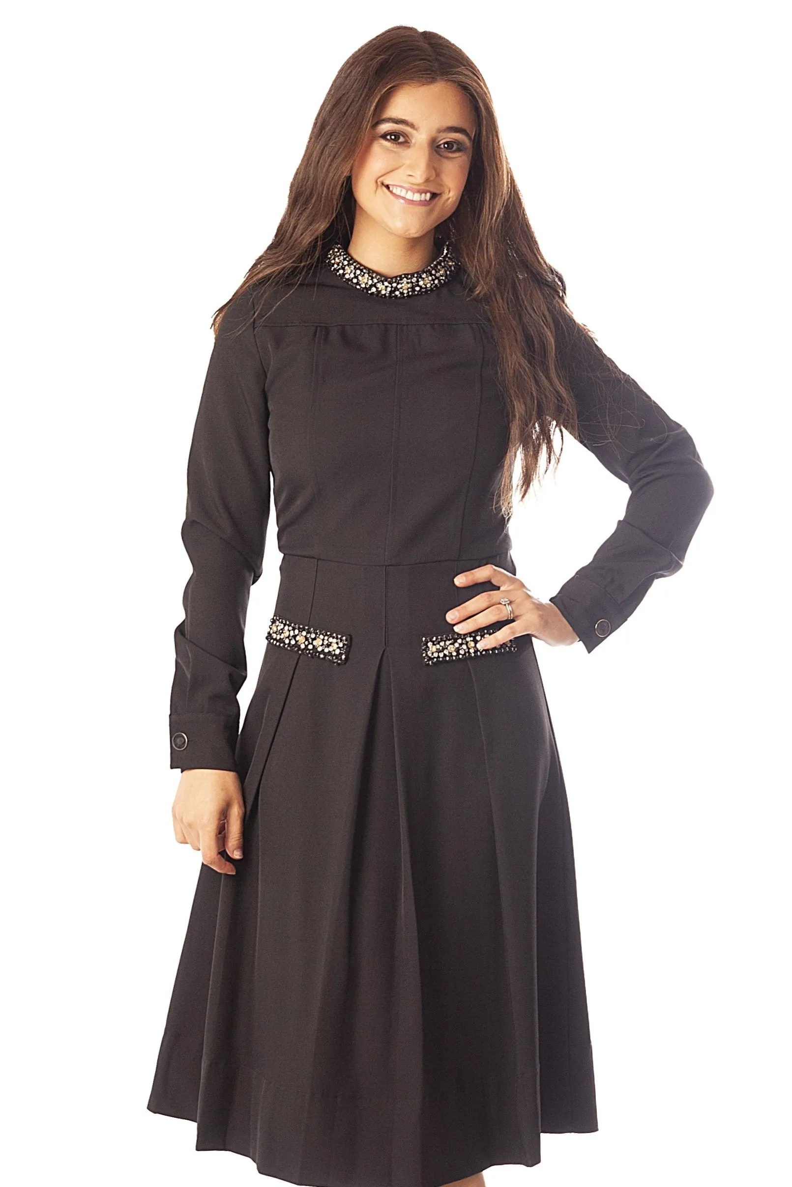 Beaded Neckline   Pocket Flaps Dress