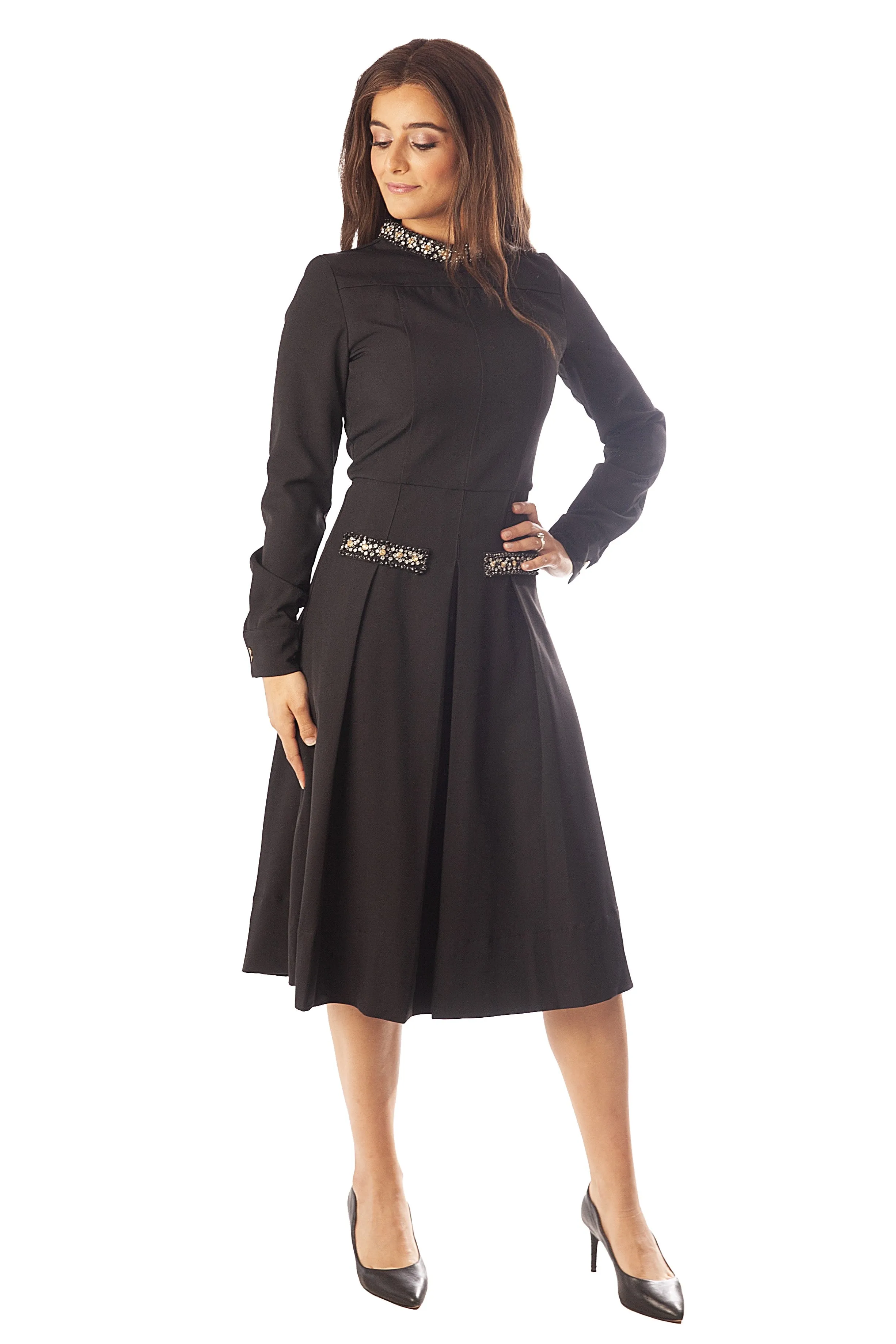 Beaded Neckline   Pocket Flaps Dress