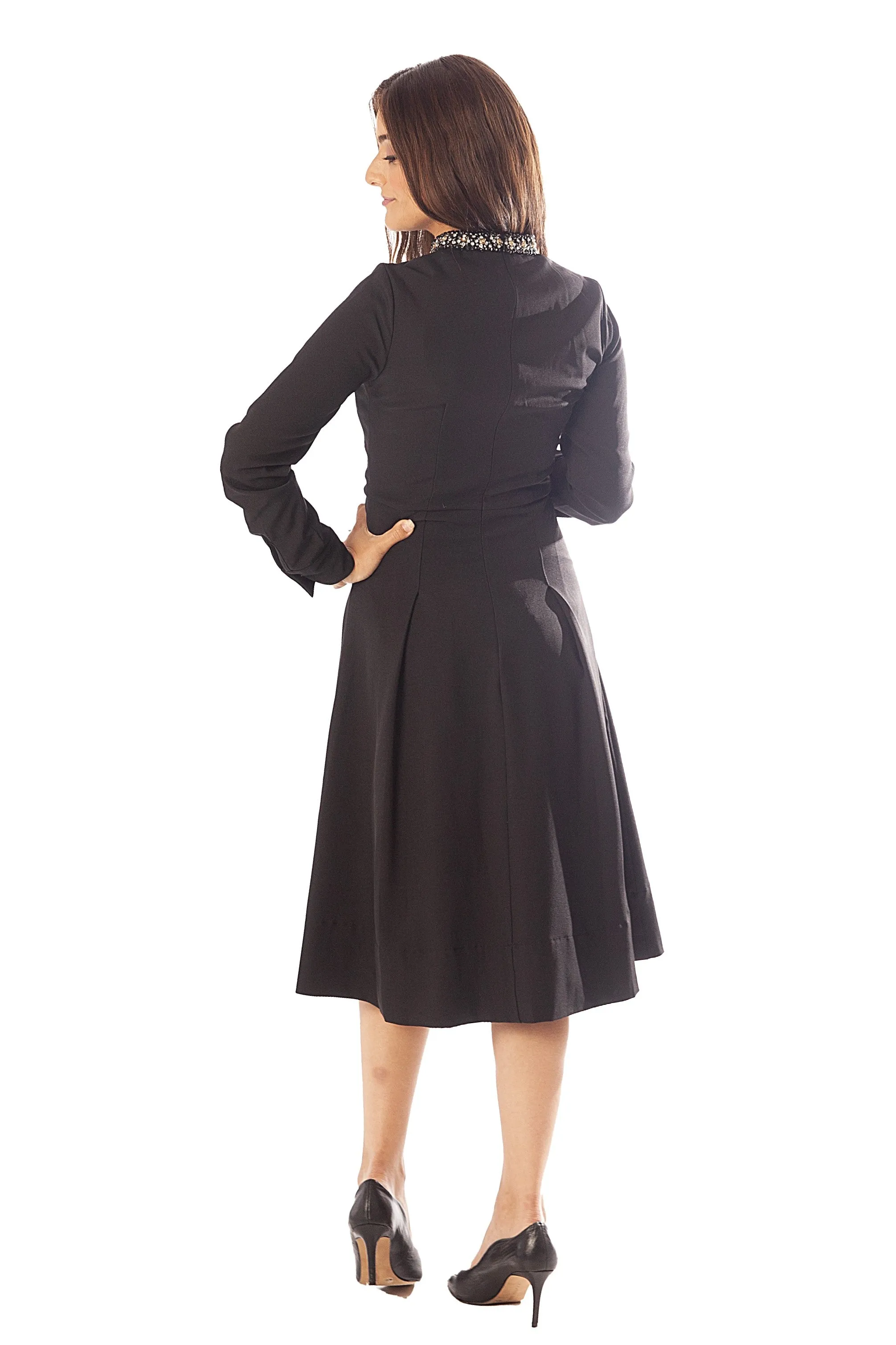 Beaded Neckline   Pocket Flaps Dress