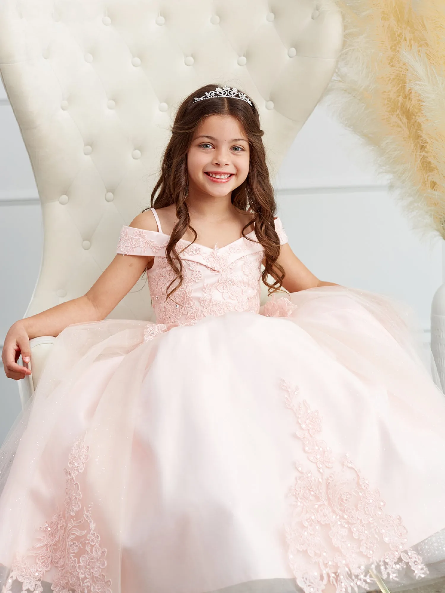 Big Girls Blush Off Shoulder Lace Applique Corset Back Pageant Dress 8-16