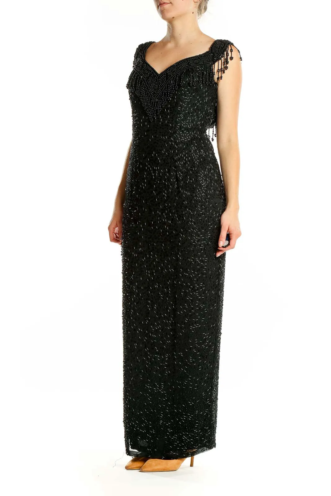 Black Beaded Sweetheart Neckline Maxi Dress
