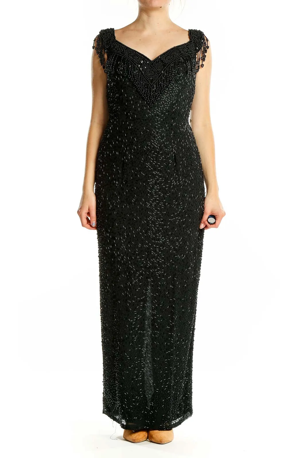 Black Beaded Sweetheart Neckline Maxi Dress