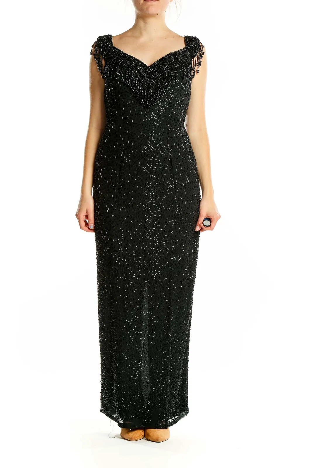 Black Beaded Sweetheart Neckline Maxi Dress
