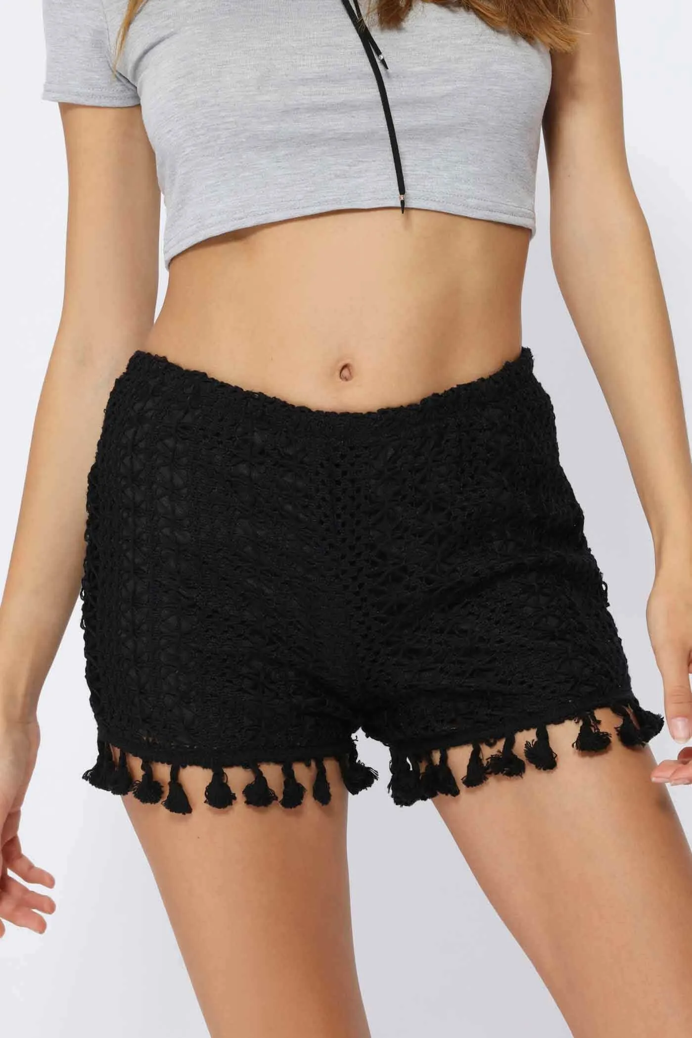 Black Crochet Tassel Shorts