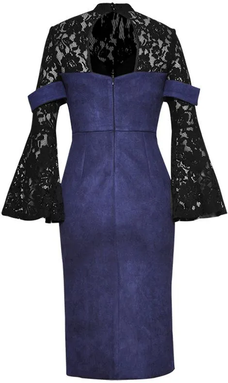 Black Lace & Blue Faux Suede Beaded Dress