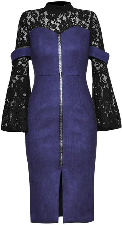 Black Lace & Blue Faux Suede Beaded Dress