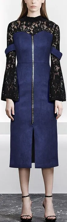 Black Lace & Blue Faux Suede Beaded Dress