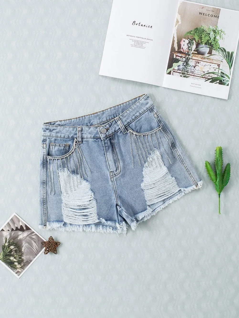 Bohemian Denim Shorts with Rhinestone accents
