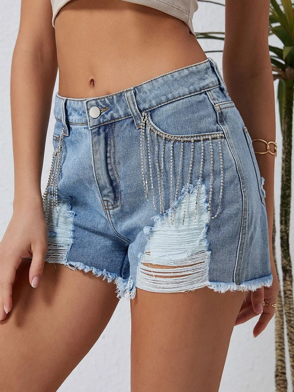 Bohemian Denim Shorts with Rhinestone accents