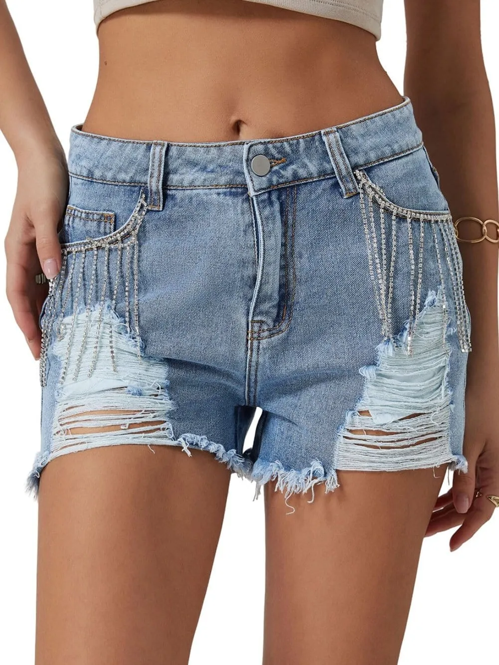 Bohemian Denim Shorts with Rhinestone accents