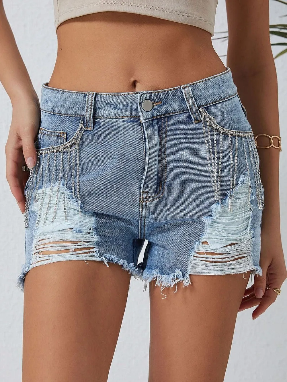 Bohemian Denim Shorts with Rhinestone accents