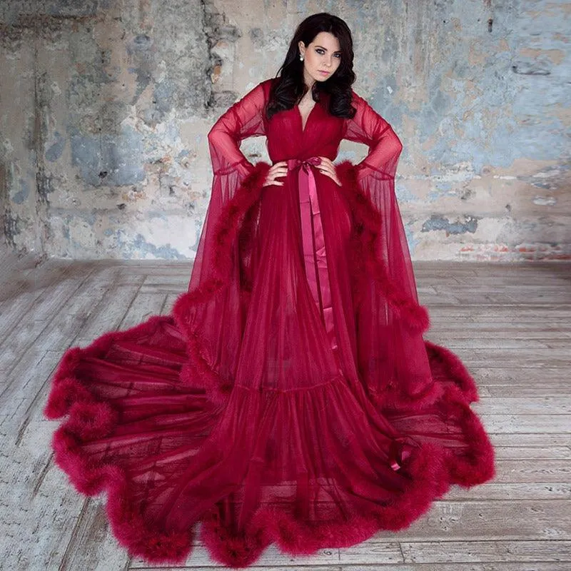 Burgundy Feather Long Sleeve Tulle Sexy Evening Dress