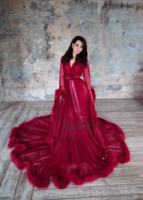Burgundy Feather Long Sleeve Tulle Sexy Evening Dress