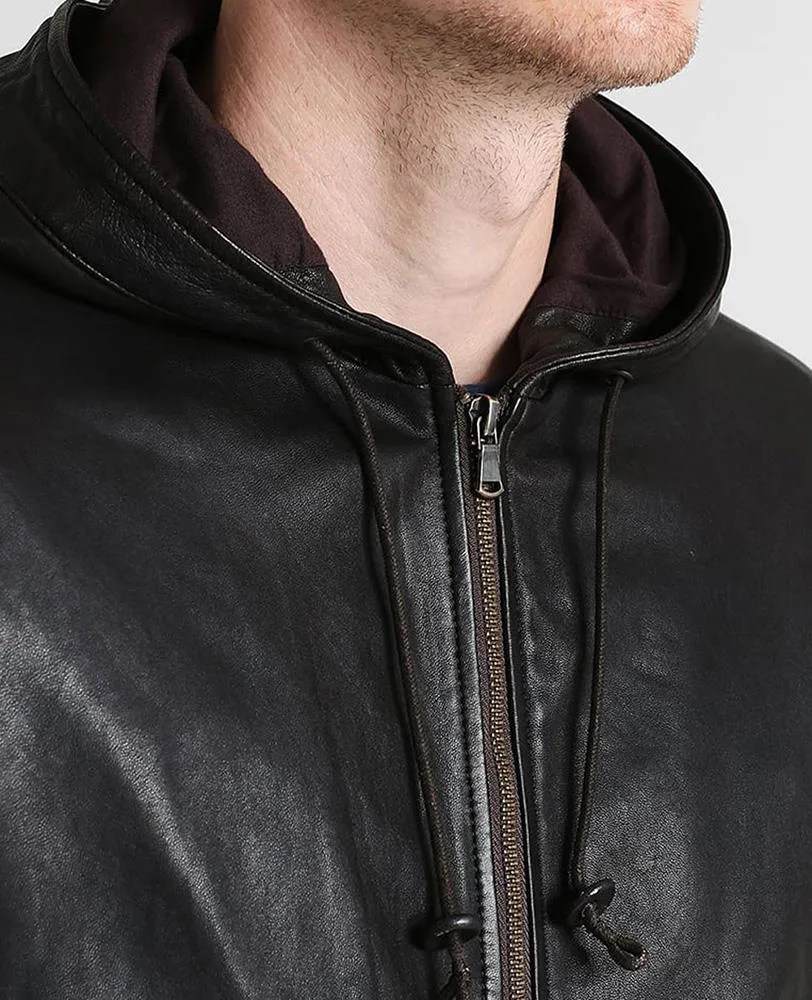 Chet Black Hooded Genuine Leather Jacket