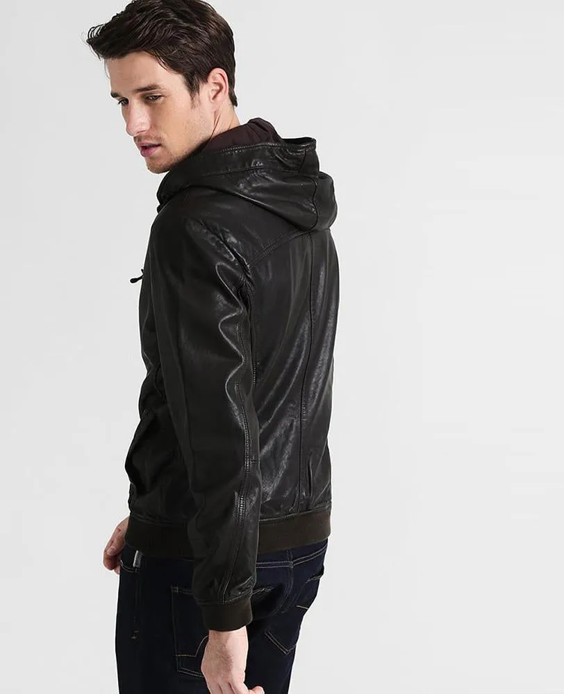 Chet Black Hooded Genuine Leather Jacket