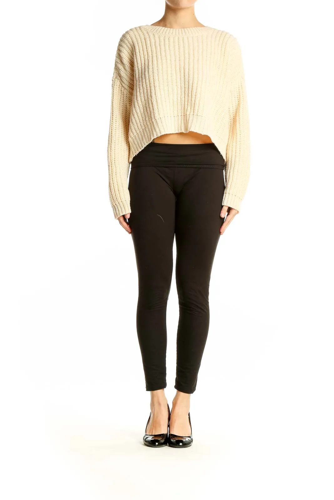 Cream Cropped Ribbed Sweater