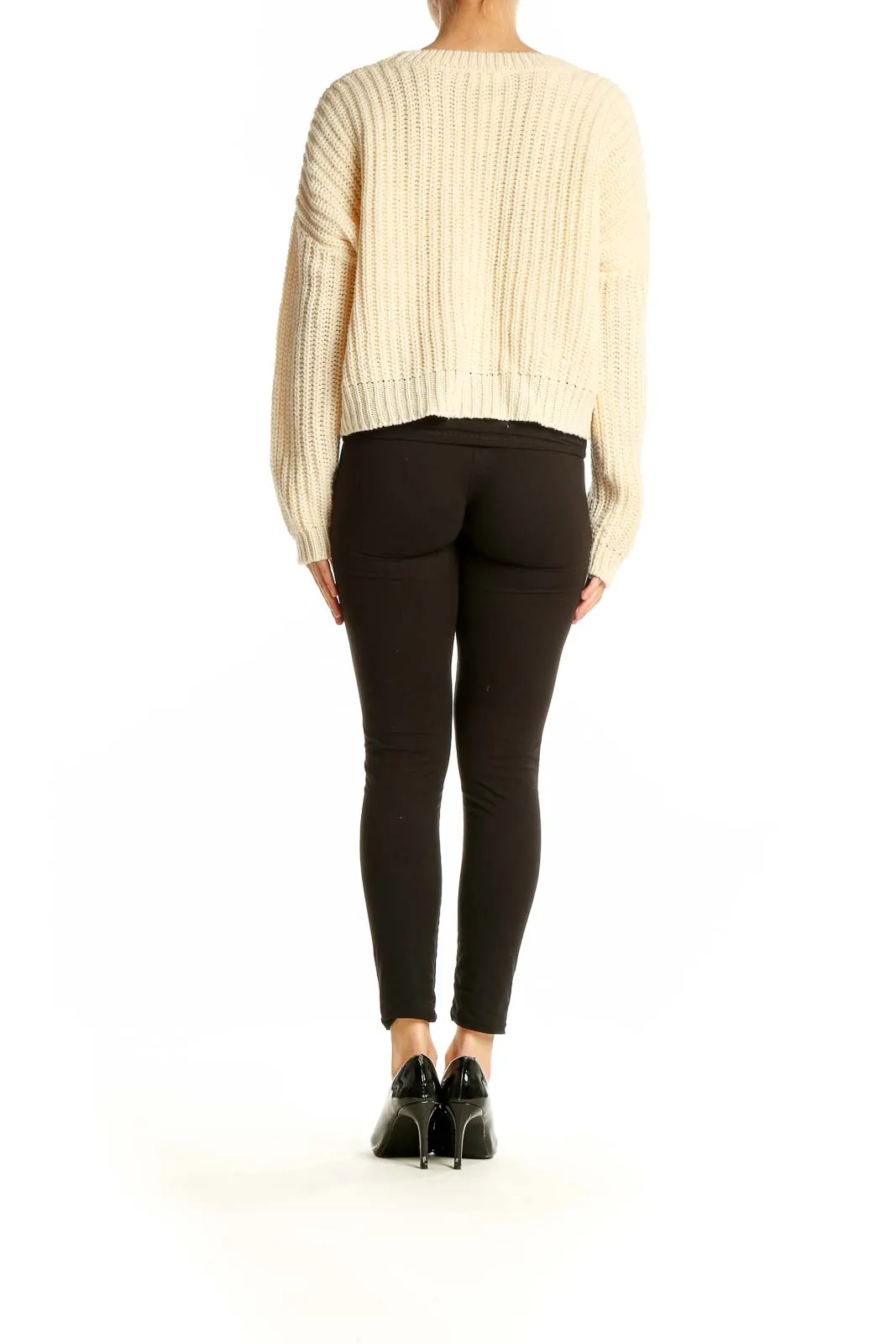 Cream Cropped Ribbed Sweater