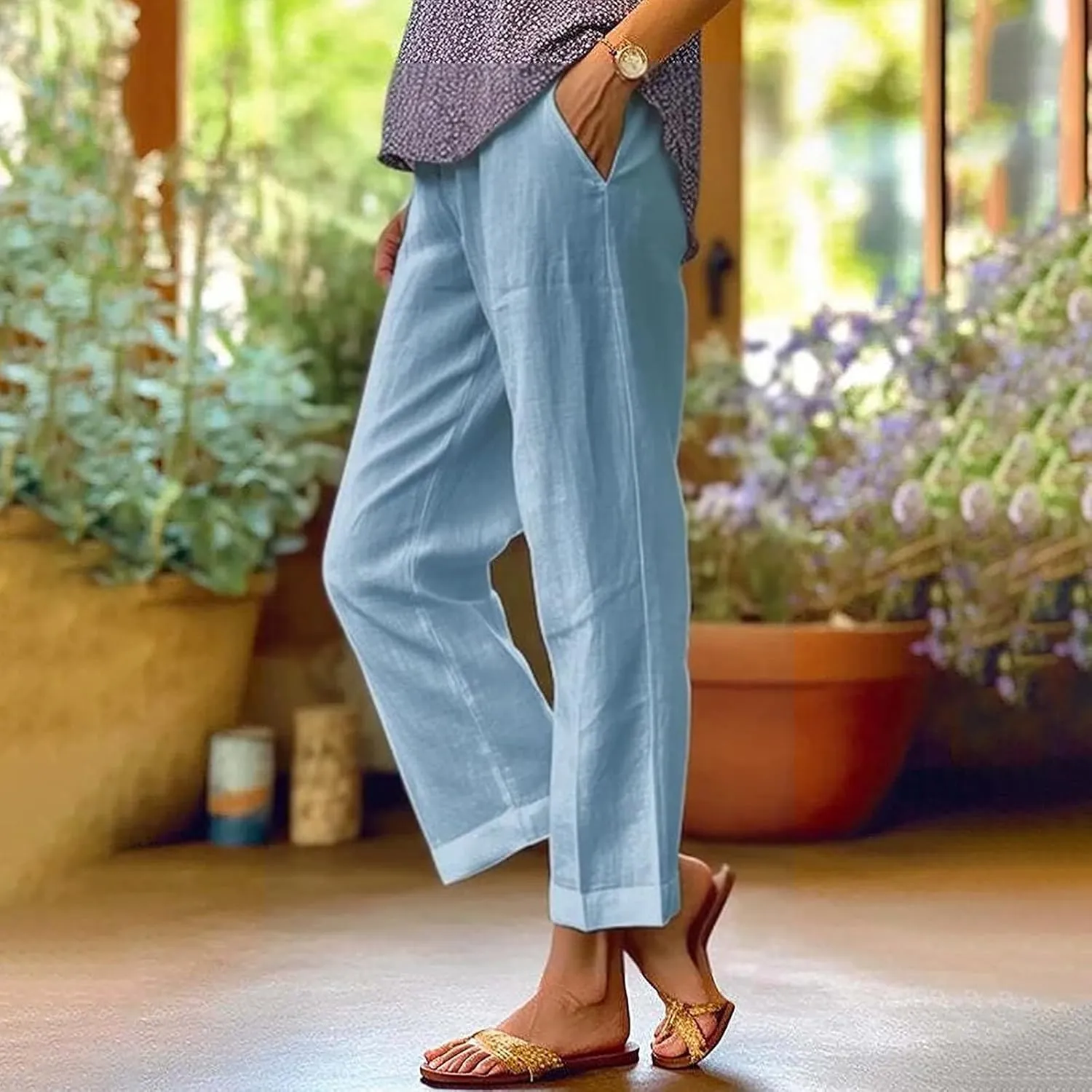Cropped Linen Pants Women Summer Elastic Waist Straight Leg Plus Size Crop Pants Casual Beach Trousers with Pockets