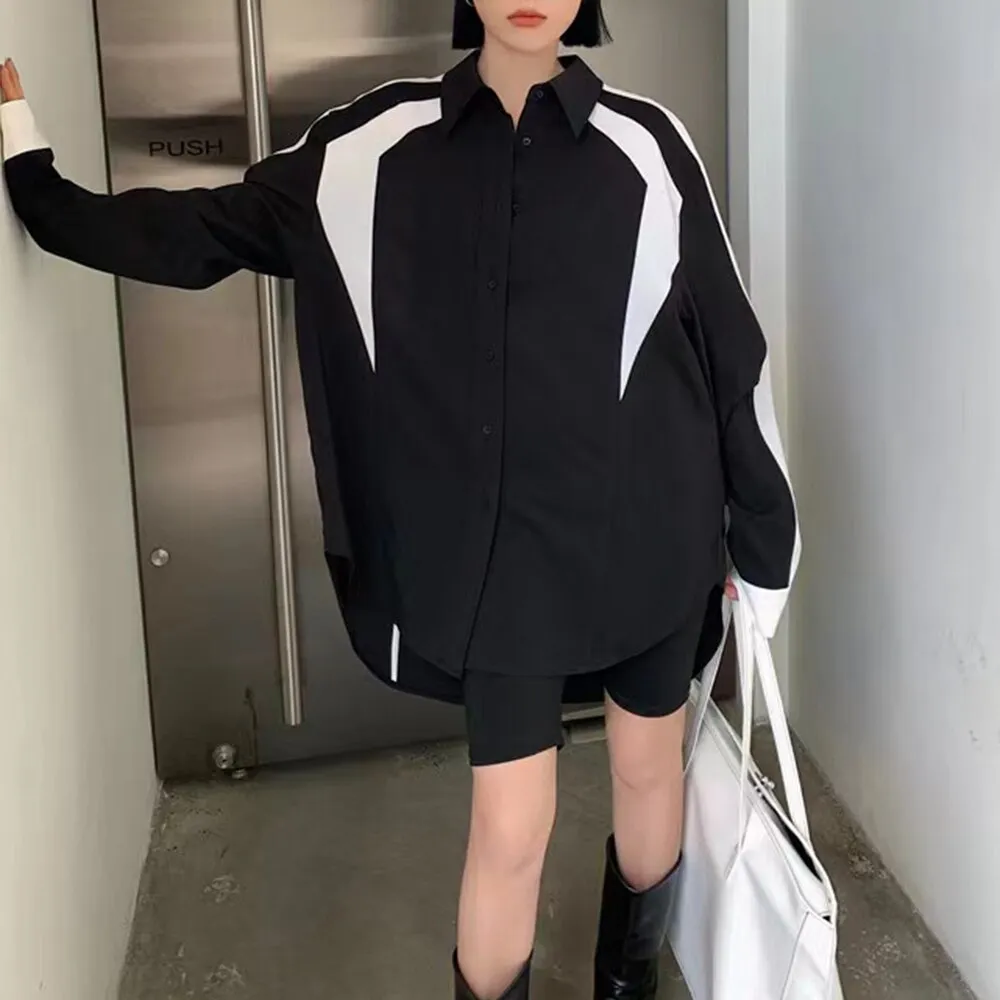 deanwangkt Straight Patchwork Colorblock Shirt For Women Lapel Long Sleeve Loose Casual Button Through Blouse Female Clothing